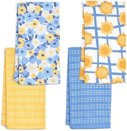 Ritz 4-Piece Kitchen Towel Set, Field Blossoms Floral & Le Soleil Sun Grid Prints with Yellow & Blue Textured Terry, 100% Cotton & Absorbent Blend, 16" x 26", French Country Summer Kitchen Decor