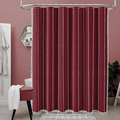 BTTN 60x72 Boho Farmhouse Linen Heavy Duty Shower Curtain Set, Burgundy