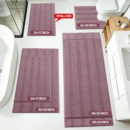 Striped Mauve Bathroom Rug Set 3 Pieces Ultra Soft, Non Slip Chenille Bath Carpet, Absorbent Plush Shaggy Bath Mats for Bathroom, Toilet, Bedroom, Kitchen