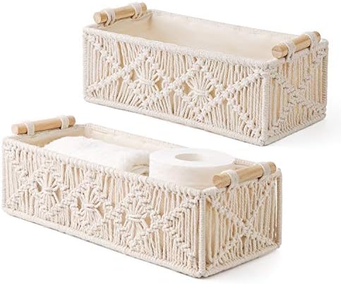 Mkono 2Pc Macrame Storage Basket, Boho Decor Toilet Paper Holder, Ivory