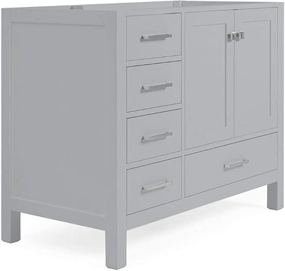 ARIEL Cambridge 42-inch Bathroom Vanity Base Cabinet,Solid Wood, 2 Soft Closing Doors, 5 Dovetail Drawers, Grey
