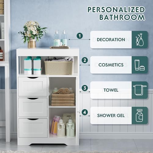 JUMMICO Bathroom Floor Cabinet, Wooden Free-Standing Storage Organizer with 1 Door and 3 Drawers, Bathroom Storage Cabinet for Living Room/Kitchen/Hallway/Home Office (Light White, 3 Drawers)