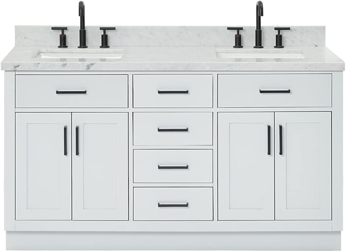 ARIEL Hepburn 60-inch Bathroom Vanity with Sink,Solid Wood, 1.5-inch Italian Carrara Marble Countertop, Double Rectangular Porcelain Sink, 4 Soft Closing Doors, 6 Dovetail Drawers, Grey