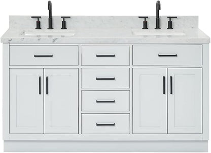 ARIEL Hepburn 60-inch Bathroom Vanity with Sink,Solid Wood, 1.5-inch Italian Carrara Marble Countertop, Double Rectangular Porcelain Sink, 4 Soft Closing Doors, 6 Dovetail Drawers, Grey