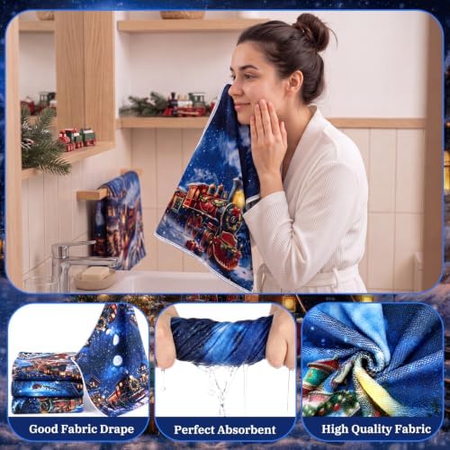 FuWeave 8 Pcs Christmas Shower Curtain Set for Bathroom Decor Include Vintage Santa Train Reindeer Towels Christmas Non Slip Snow Village Rugs Toilet Lid Cover Winter Gift Bath Mat and 12 Hooks