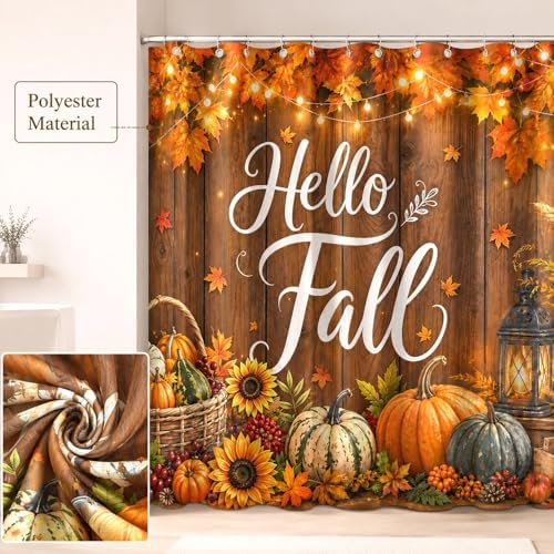 Fall Shower Curtain, Autumn Pumpkin Maple Leaves Sunflower Harvest Bathroom Curtain, Farmhouse Rustic Country Wood Waterproof Polyester Fabric Shower Curtain with Hooks, 72x72 Inch