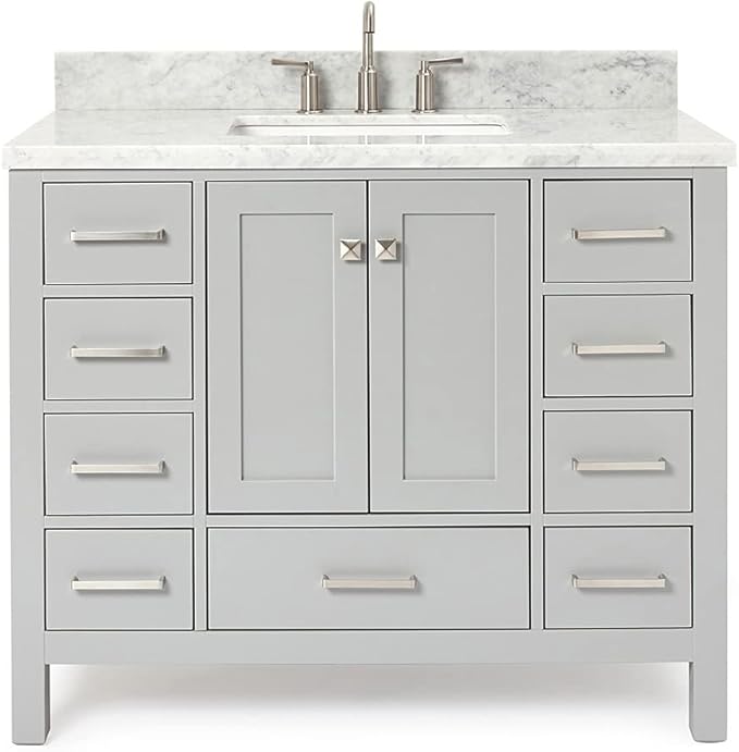 ARIEL Cambridge 42-inch Bathroom Vanity with Sink,Solid Wood, 1.5-inch Italian Carrara Marble Countertop, Single Rectangular Porcelain Sink, 2 Soft Closing Doors, 9 Dovetail Drawers, Grey