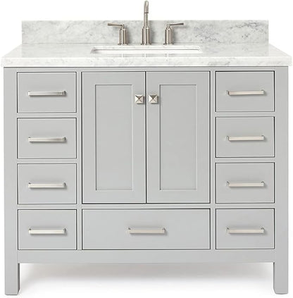 ARIEL Cambridge 42-inch Bathroom Vanity with Sink,Solid Wood, 1.5-inch Italian Carrara Marble Countertop, Single Rectangular Porcelain Sink, 2 Soft Closing Doors, 9 Dovetail Drawers, Grey