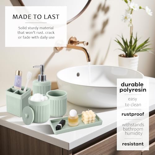 XLHOMO Light Green Bathroom Sets with Shower Curtain and Rugs, 8-Piece Resin Bathroom Accessories Sets Complete, Soap Dispenser, Toothbrush Holder, Tumbler, Tray & Apothecary Jars Bathroom Essentials