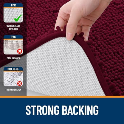 OLANLY Chenille Bathroom Rugs Mats Sets 2 Piece, 47"x20"+24"x20", Burgundy