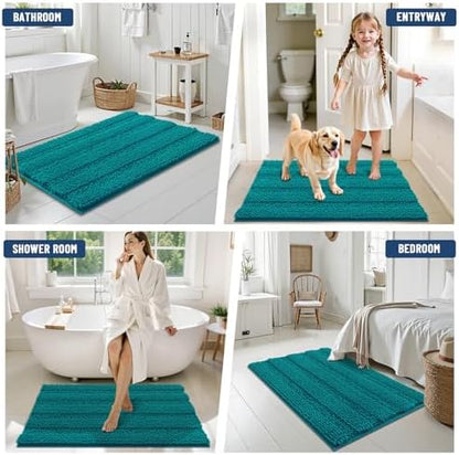 Grandaily Chenille Striped Bathroom Rugs 44x24, Extra Thick and Soft Absorbent Bath Mats, Rubber Backing, Plush Shaggy Shower Carpet, Machine Wash Dry, Bath Rug for Bathroom, Deep Lake