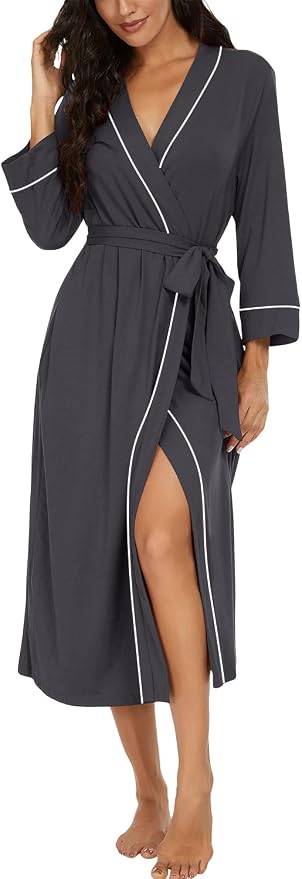 PrinStory Robes for Women 3/4 Sleeve Long Bath Robe XS-4XL | V-Neck Knit Bathrobe with Pockets, Lightweight, Soft, Breathable Robes for Shower, Spa, Travel, Home, Party, Nursing