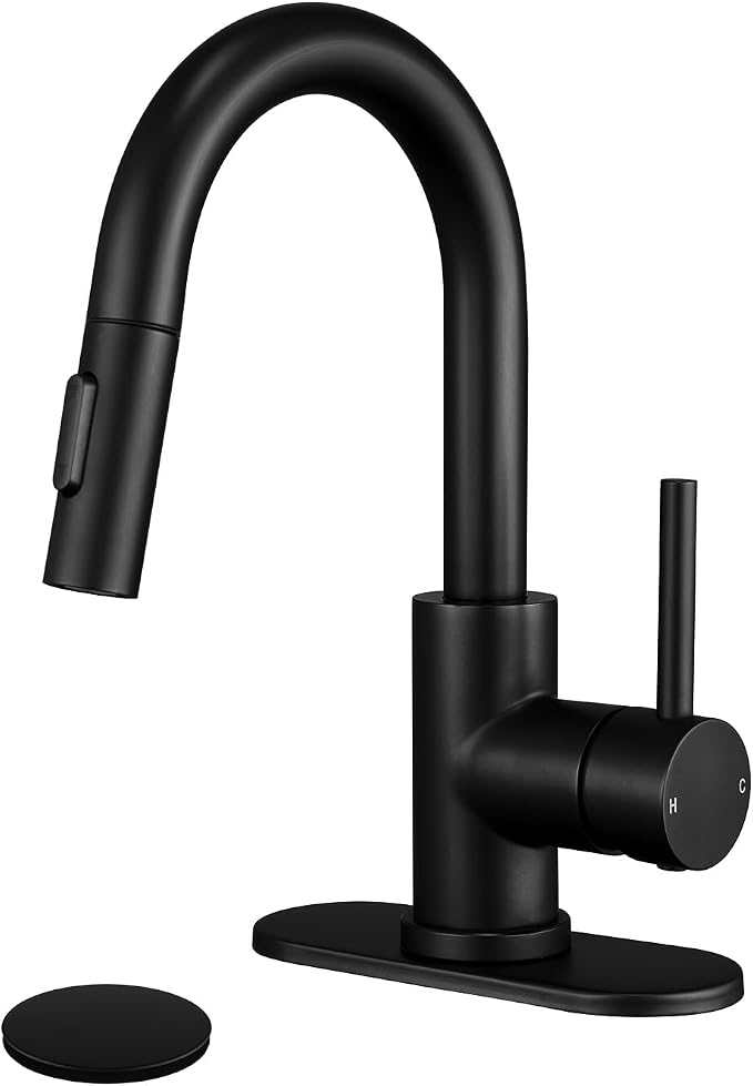 Black Bathroom Sink Faucet with Pull Down Sprayer | 2 Mode Sprayer, with Deck Plate for 1 or 3 Hole, 360° Swivel, with Pop Up Drain for Vanity Bar RV Basin Laundry Kitchen