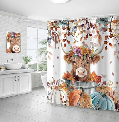 Fall Pumpkin Highland Cow Shower Curtain, Thanksgiving Autumn Farmhouse Animal Harvest Seasonal Decor Bathroom Curtains, Waterproof Fabric Polyester with Hooks, 72x72 Inch