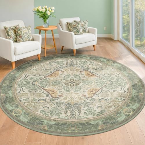 Hazo Haus Vintage Bird Patterned 8ft Area Round Rug for Living Room - Large Sage Green Washable Circular Rug for Kids Bedroom, Dining Room, with Botanical Floral, Low Pile Non Slip Stain Resistant