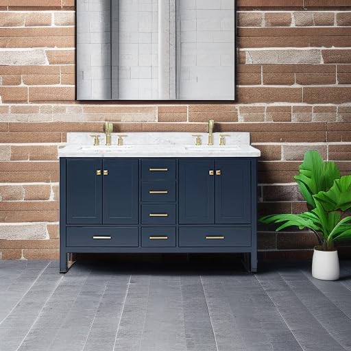 ARIEL Cambridge 60-inch Bathroom Vanity with Sink,Solid Wood, 1.5-inch Italian Carrara Marble Countertop, Double Rectangular Porcelain Sink, 4 Soft Closing Doors, 6 Dovetail Drawers, Midnight Blue