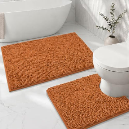 Bathroom Rugs Sets 2 Piece,Super Absorbent Soft,Thick,Machine Washable Chenille Bath Mat,Non Slip Toilet Floor Rug,Bath Mats for Bathroom,20x32 Plus 20x20 U Shape,Champagne