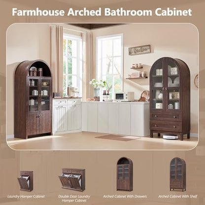 71" Tall Arched Bathroom Storage Cabinet, 4-Tier Wooden Bathroom, Brown