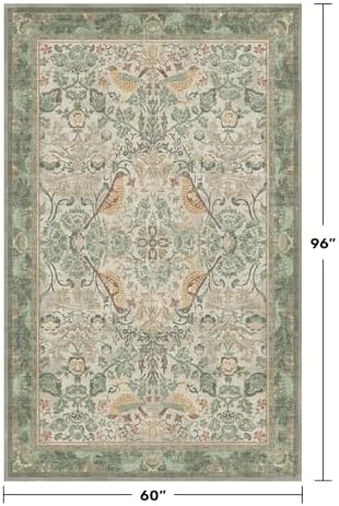 Hazo Haus 5x8 Vintage Sage Green Area Rug, Washable Botanical Bird Pattern Rug for Living Room Bedroom, Non-Slip Stain Resistant Boho French Country Low Pile Carpet