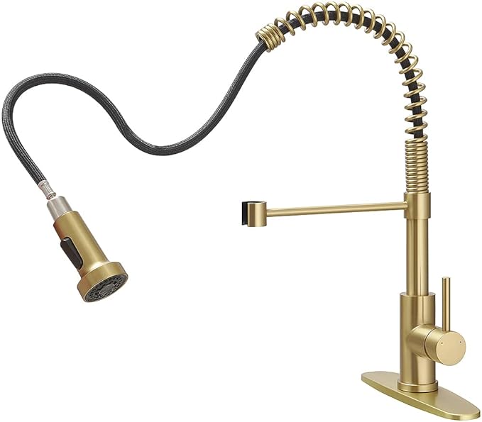 OWOFAN Kitchen Faucet, Kitchen Faucets with Pull Down Sprayer Sus304 Stainless Steel Industrial Single Handle One Hole Faucet for Farmhouse Camper Laundry Utility Rv Wet Bar Sinks Bushed Gold 9009J