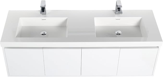 Blossom 60 Inch Wall Mounted Bathroom Vanity with Sink | Floating Wood Vanity Cabinet | Modern Soft-Close Doors & Storage | Space-Saving Design (Glossy White, 60'' Acrylic Double Sink)