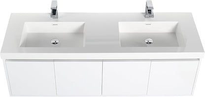 Blossom 60 Inch Wall Mounted Bathroom Vanity with Sink | Floating Wood Vanity Cabinet | Modern Soft-Close Doors & Storage | Space-Saving Design (Glossy White, 60'' Acrylic Double Sink)