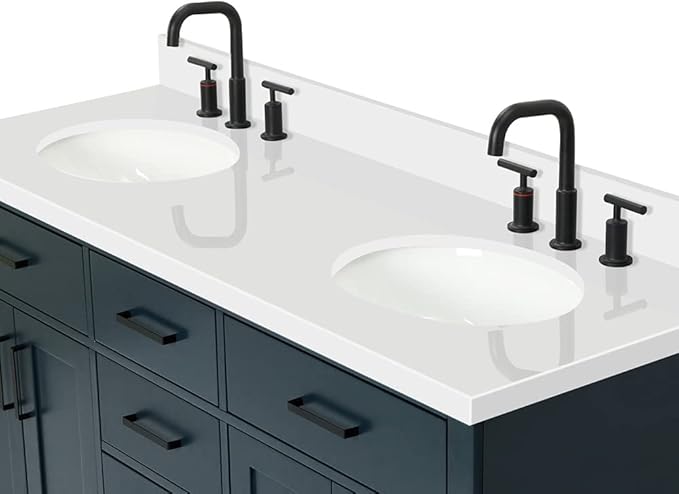 ARIEL Hepburn 60-inch Bathroom Vanity with Sink,Solid Wood, 1.5-inch Pure White Quartz Countertop & Backsplash, Double Oval Porcelain Sink, 4 Soft Closing Doors, 6 Dovetail Drawers, Midnight Blue
