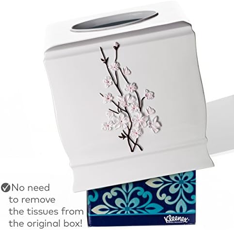 Vanda Cherry Blossom White Square Resin Tissue Box Cover with Bottom Slider