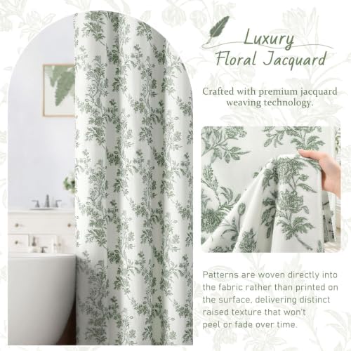 Sage Green Floral Shower Curtain,Jacquard Weave Vintage Cotton Cottagecore Shower Curtains for Bathroom, 72" W x 72" L