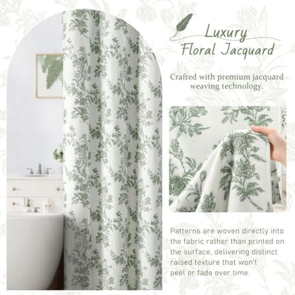 Sage Green Floral Shower Curtain,Jacquard Weave Vintage Cotton Cottagecore Shower Curtains for Bathroom, 72" W x 72" L