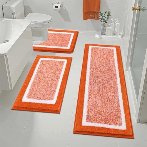 Pauwer Bathroom Rugs 3 Piece Set, Non Slip Washable Bath Mat, Orange