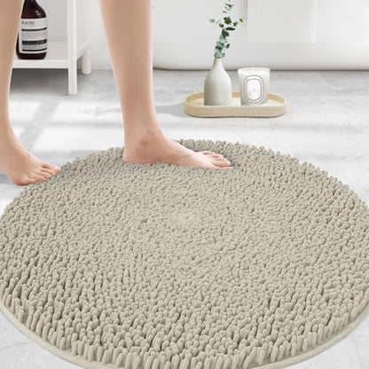 MAYSHINE Large Plush Shaggy Chenille Bath Mat, 36"x36" Round, Extra Soft, Super Absorbent, Non-Slip Bathroom Rug, Fluffy Microfiber, Area Rug Sets for Bathroom Floor, Kitchen, Living Room, Wax White