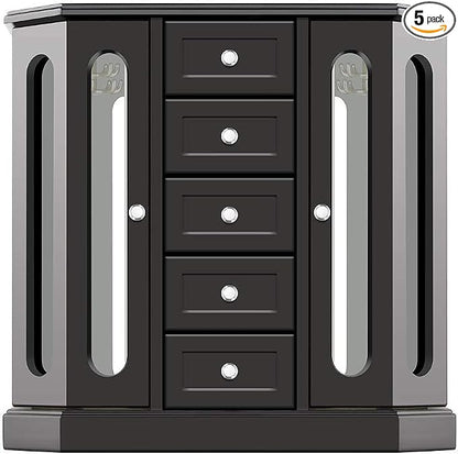 RR ROUND RICH DESIGN Vintage Jewelry Armoire with Mirror Black | Solid Wood Jewelry Box Organizer with 5 Drawers & 2 Glass Doors - Large Capacity Desktop Dresser Case