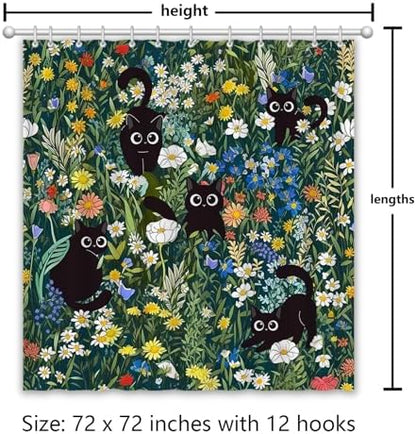 APROPHIC Cat Shower Curtain, Boho Modern Cute Girly Bathroom Curtain, Black Cartoon Cat Colorful Flowers Curtain Set, Waterproof Bathroom Home Decor Set with Hooks, 72X72 Inches