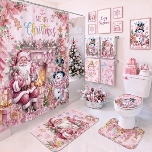 FuWeave 8 Pcs Pink Santa Christmas Shower Curtain Set for Bathroom with Xmas Snowman Shower Curtain Towels Non Slip Rugs Toilet Lid Cover Bath Mat and 12 Hooks for Christmas Bathroom Decor