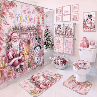 FuWeave 8 Pcs Pink Santa Christmas Shower Curtain Set for Bathroom with Xmas Snowman Shower Curtain Towels Non Slip Rugs Toilet Lid Cover Bath Mat and 12 Hooks for Christmas Bathroom Decor
