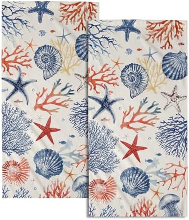 Nautical Coastal Hand Towels Set of 2, Beach Themed Ocean Seashell Coral Starfish Decorative Bathroom Towel 28x14 Inch, Soft Absorbent Microfiber Wash Cloth for Kitchen Gym Hotel Home Decor