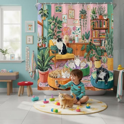 Boho Cute Cat Shower Curtain for Bathroom 72x72 Inch