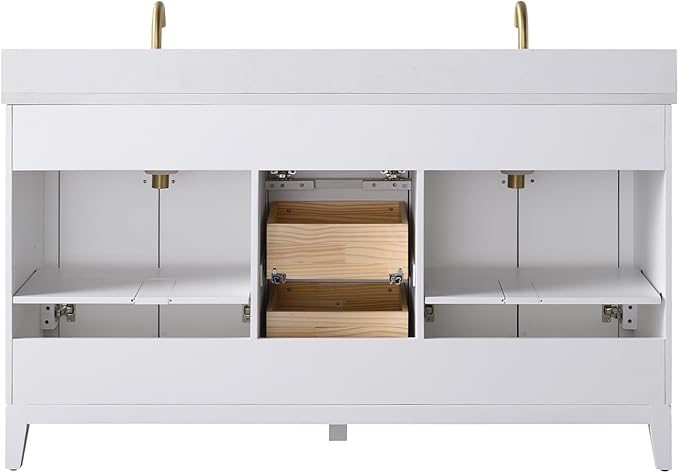 Vanity Art 60" Bathroom Vanity with Double Sink & Arabescato White Engineered Stone Top, Vanity Cabinet with Soft Closing Door, Solid Wood Frame, Golden Brushed Handles, White VA8160D-W-GB