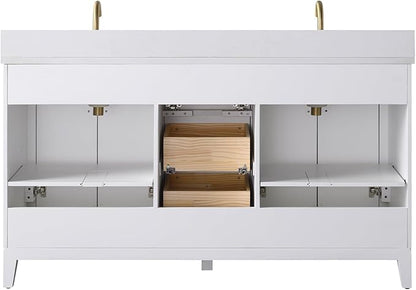 Vanity Art 60" Bathroom Vanity with Double Sink & Arabescato White Engineered Stone Top, Vanity Cabinet with Soft Closing Door, Solid Wood Frame, Golden Brushed Handles, White VA8160D-W-GB