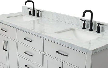 DKB Isabella 72 Inch Bathroom Vanity Double Sink — Grey Bathroom Vanity with Sink, 1.5" Edge Italian Carrara Marble Countertop & Backsplash, 4 Soft-Close Doors, 4 Dovetail Drawers, and 2 Tilt Drawers