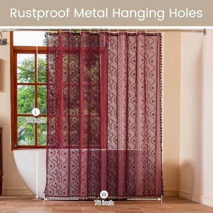 WAZZIO Burgundy Red Lace Shower Curtain for Bathroom 72" W x 72" L, Victorian Farmhouse Floral Pattern Tassel Fancy Shower Curtain Boho Washable Cloth Decorative Bath Curtains,1 Panel