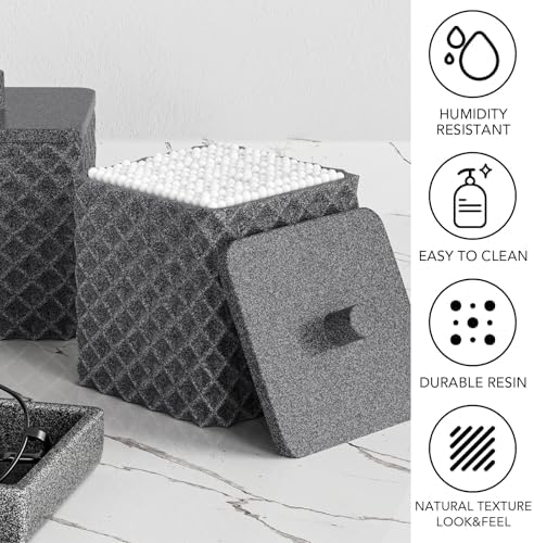 Bathroom Accessories Set Resin 6PCS, Square Toothbrush Holders Set Complete with Soap Dispenser, Vanity Tray, Tumbler, Cups and Cotton Swab Jars (Gray Diamond, Resin Bath 6 PCS)
