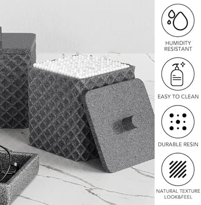 Bathroom Accessories Set Resin 6PCS, Square Toothbrush Holders Set Complete with Soap Dispenser, Vanity Tray, Tumbler, Cups and Cotton Swab Jars (Gray Diamond, Resin Bath 6 PCS)
