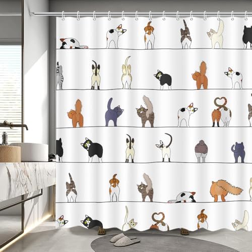 MEHOFOND Funny Cute Cats Shower Curtain Pets Paw for Cat Bath Curtain