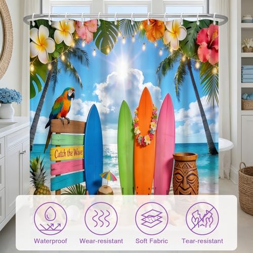 Summer Hawaiian Waterproof Shower Curtain with Hooks, Tropical Hawaiian Beach Shower Curtain with Weighted Bottom & Metal Grommets, Machine Washable Coastal Shower Curtains for Bathroom, 72"W x 72"L