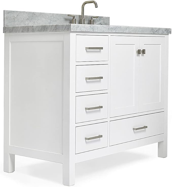ARIEL Cambridge 42-inch Bathroom Vanity with Sink,Solid Wood, 1.5-inch Italian Carrara Marble Countertop, Single Rectangular Porcelain Sink, 2 Soft Closing Doors, 5 Dovetail Drawers, White