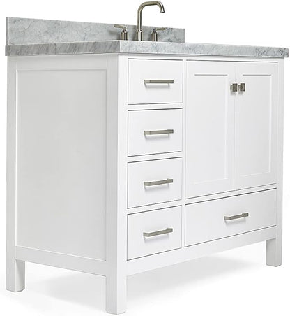 ARIEL Cambridge 42-inch Bathroom Vanity with Sink,Solid Wood, 1.5-inch Italian Carrara Marble Countertop, Single Rectangular Porcelain Sink, 2 Soft Closing Doors, 5 Dovetail Drawers, White