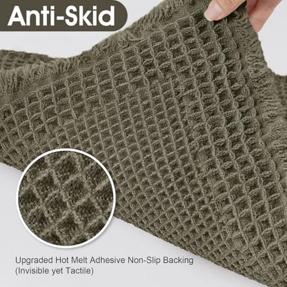 Upgraded Waffle Bath Mat Set 2 Piece Greyish Green-Bordered, Super Absorbent Non-Slip Quick Dry Bathroom Rugs with Tassels, Machine Washable Ultra Soft Boho Bath Rugs, Toilet Mats Boho Farmhouse Decor