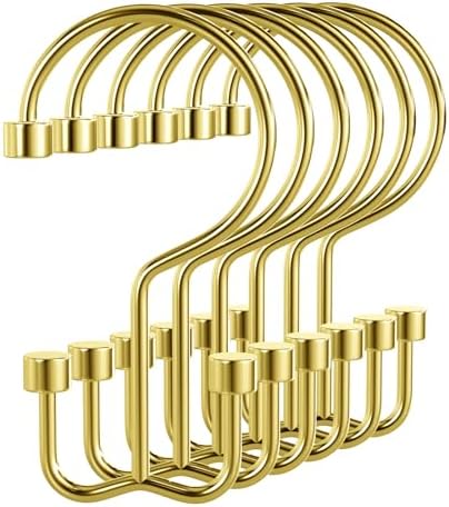Bathway Shower Curtain Hooks Gold Shower Curtain Rings, 12 Pcs Metal Double Hooks Rings Rust Proof for Bathroom Shower Curtain Rod
